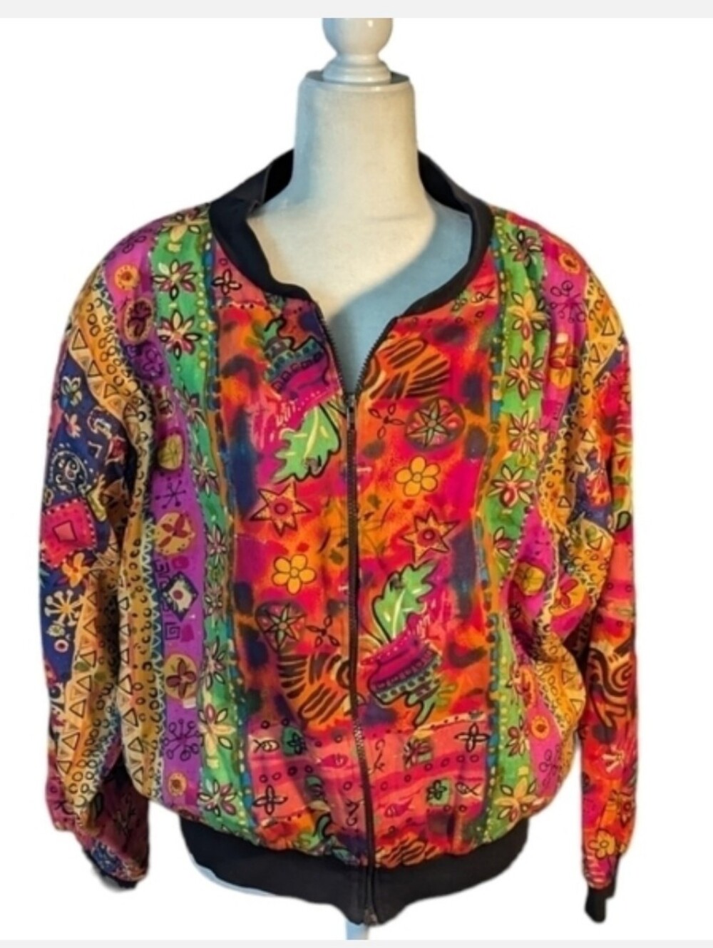 Vtg Colorful Artsy bohemian indie vibrant print cotton blend bomber jacket sz M